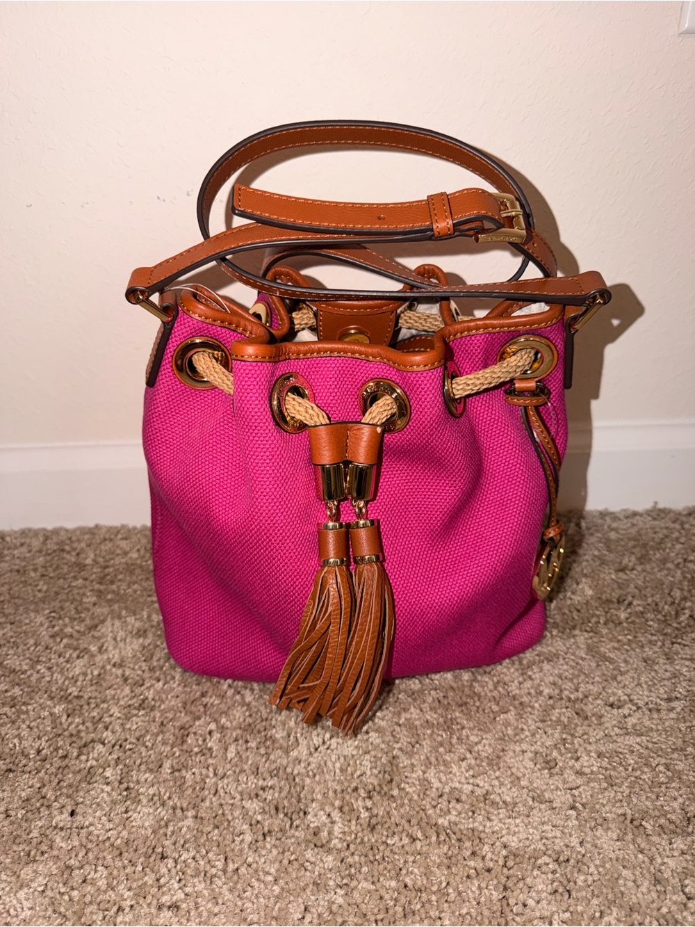 Michael Kors Hot Pink Canvas Bucket Bag with Tan Leather Trim